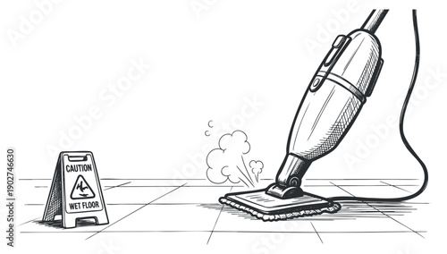 A cleaning vacuum machine in outline vector style with a caution wet floor sign, ideal for cleaning service illustrations