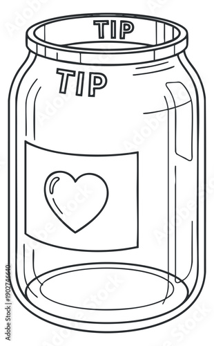 A tip jar with a heart symbol in outline vector style, ideal for fundraising and service appreciation