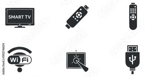 A collection of smart TV, remote control, WiFi symbol, tablet, and USB icons in flat black vector style, ideal for technology and electronics branding