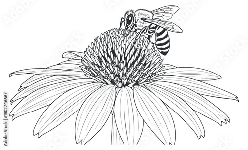 A detailed illustration of a bee pollinating a flower in black and white outline style, suitable for nature-themed projects