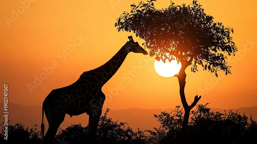 Fototapeta A giraffe silhouetted against a setting sun AI Generative
