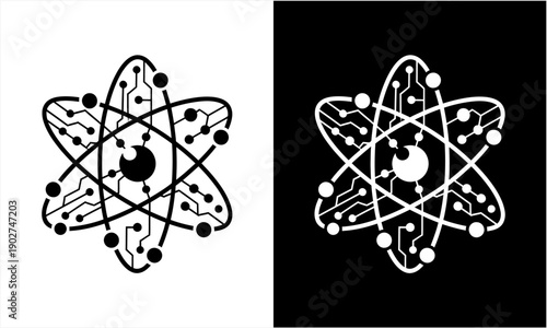 Abstract atom with circuit board pattern and eye symbol.