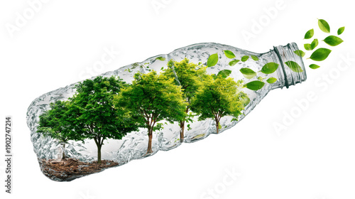 Plastic bottle turning into plant recycling concept isolated on a white background