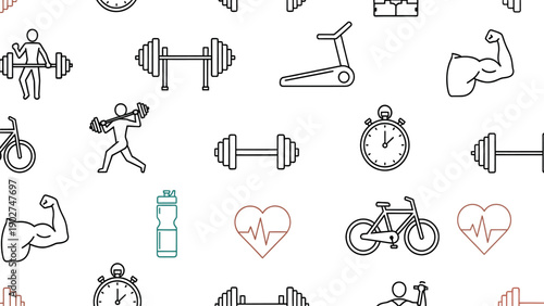 Seamless fitness and gym workout line icon pattern for healthy active lifestyle backgrounds and exercise equipment vector graphics