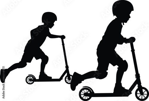 Black silhouette of two young children wearing safety helmets and knee pads riding kick scooters on white background, active kids summer outdoor sports concept