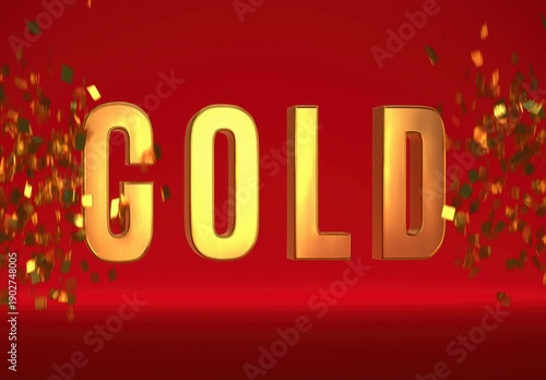 Gold text in 3D style on a red background with reflections and golden particles