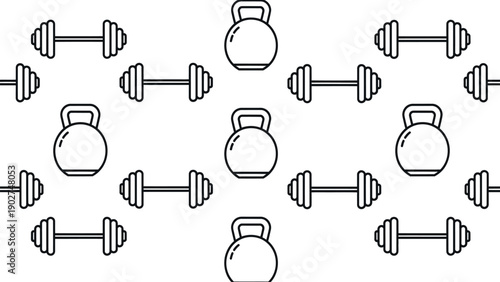 Seamless pattern of outline gym dumbbells and kettlebells for fitness and healthy lifestyle backgrounds training and exercise designs
