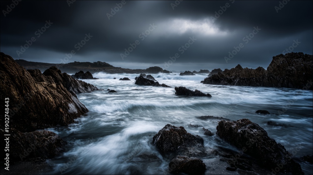 Obraz premium sedition. Ocean waves crashing against dark rocks with splashing water droplets in dramatic seascape. travel magazines, destination branding, designed for outdoor magazines and nature guides. 