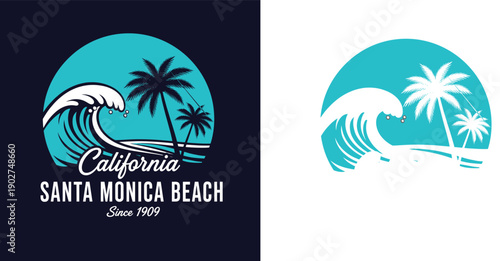 California Santa Monica Beach Vintage Tropical Vector Illustration with Palm Trees and Ocean Wave