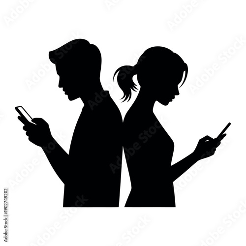 A couple stands back to back, each engrossed in their smartphone, symbolizing a disconnection in a modern relationship.