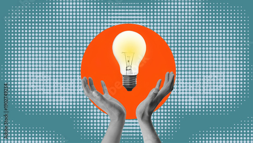 Hands Holding Light Bulb Against Bold Orange Circle Symbolizing Idea, Creativity, and Innovation