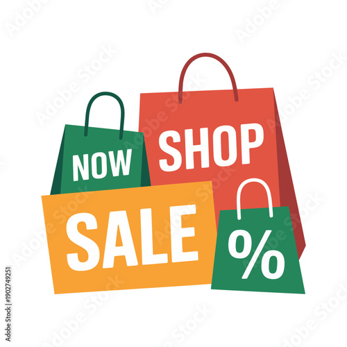 A colorful illustration of shopping bags with sale and shop signs on a white background