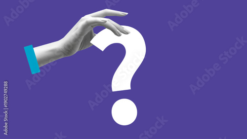 Hand Reaching Toward Large Question Mark on Purple Background Symbolizing Curiosity and Inquiry