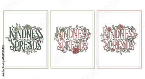 A set of three colorful kindness spreads illustrations with floral designs and text