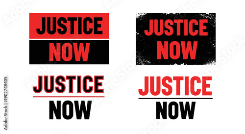 A set of vector graphic illustrations featuring the phrase Justice Now in various designs and colors
