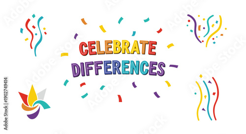 A vibrant vector graphic celebrating diversity with colorful confetti and festive design elements