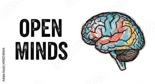 A colorful illustration of a brain with the words 'Open Minds' in a modern design style