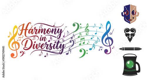 A vibrant vector graphic illustration representing harmony and diversity with music notes and symbols