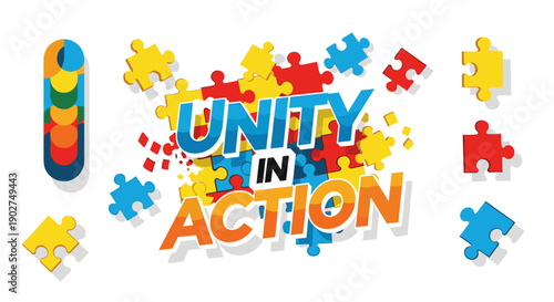 A colorful vector graphic illustration of puzzle pieces coming together in unity and action