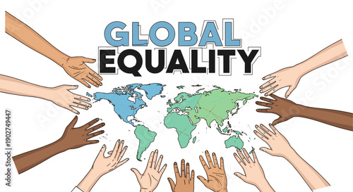 A vector graphic illustration of diverse hands reaching out to a world map with the words Global Equality