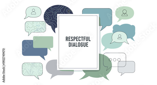 A vector graphic illustration of respectful dialogue with speech bubbles and a central text box