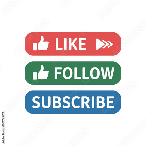 A colorful illustration of social media buttons for like, follow, and subscribe on a white background