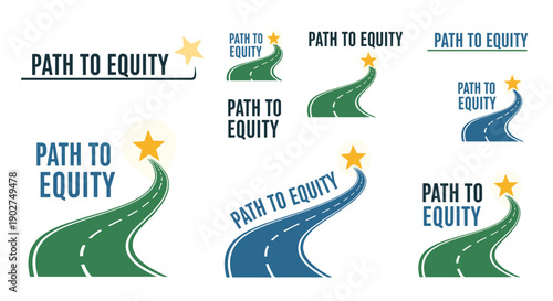 A vector graphic illustration of a path to equity with a road and star symbol