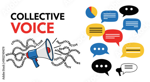A colorful vector graphic illustration of a megaphone with speech bubbles representing collective voice