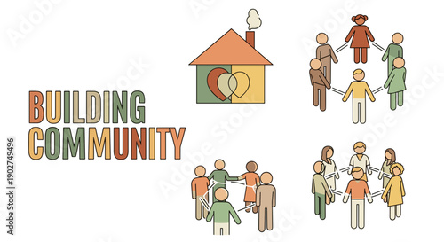 A colorful illustration of diverse people holding hands in a circle around a house