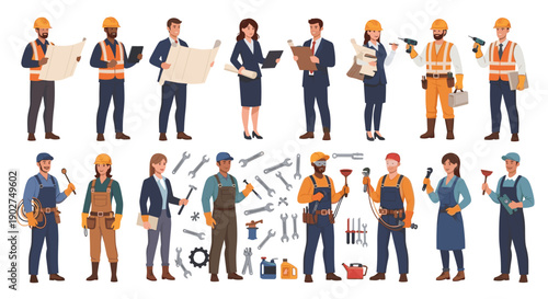 A group of construction workers and engineers in various poses with tools and equipment