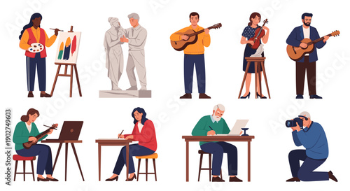 A colorful vector illustration of various artists and creatives at work in a modern setting