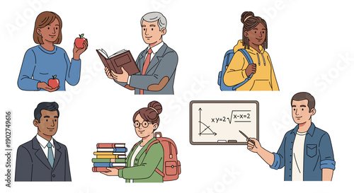 A colorful vector illustration of diverse people in educational settings with books and a whiteboard