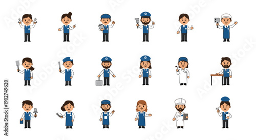 A set of colorful cartoon characters in various professions and poses on a