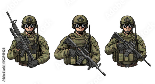 Three soldiers in green uniforms and helmets holding guns in a vector graphic illustration