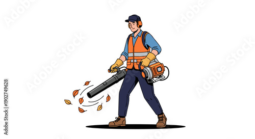 A cartoon man wearing an orange safety vest uses a leaf blower on a clean