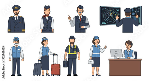 A set of flat vector illustrations depicting various airport staff and security personnel in uniform