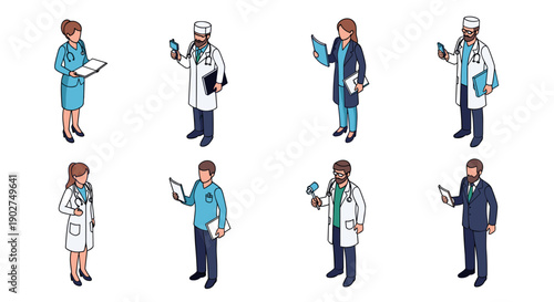 A set of eight medical professionals in various roles and attire standing in two rows