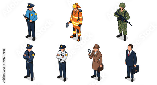 A set of eight vector graphic illustrations of various professionals in different occupations and uniforms.