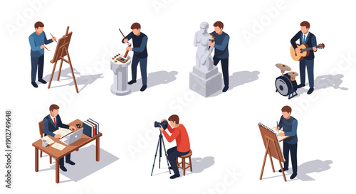 A vector graphic illustration of people engaging in various creative activities and professions.