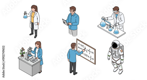 A vector graphic illustration of scientists and an astronaut in various lab and space settings