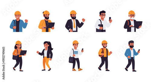 A set of construction workers and business professionals in a modern flat vector graphic illustration