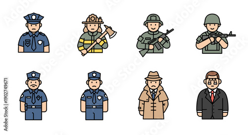 A set of eight flat vector icons depicting various emergency responders and officials in uniform