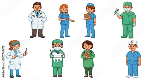 A vector graphic illustration of diverse medical professionals in various uniforms and roles.