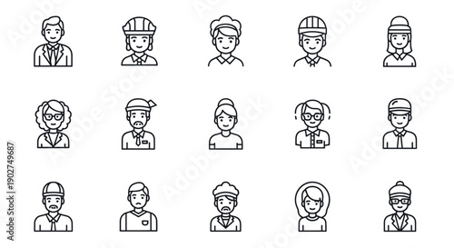 A set of minimalist line art illustrations depicting diverse professionals and workers in various occupations