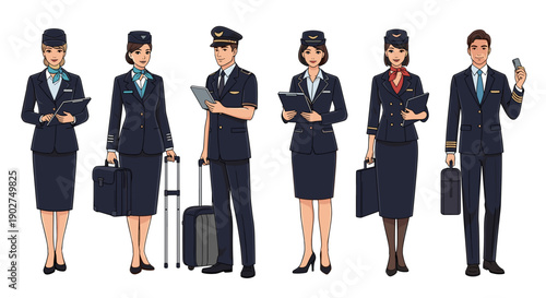 A vector illustration of airline crew members in uniform standing in a row on a