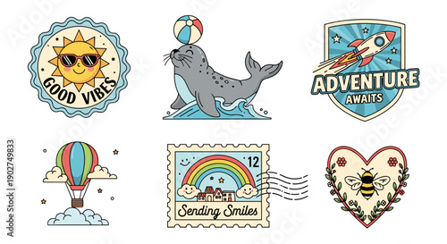 A colorful collection of six cartoon stickers featuring a smiling sun, seal, rocket, hot air balloon, rainbow stamp, and heart with a face