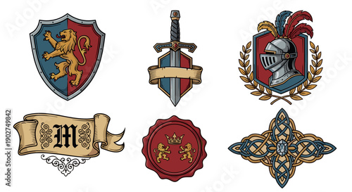 A set of six medieval heraldic icons with shields, swords, and crests in a flat design style