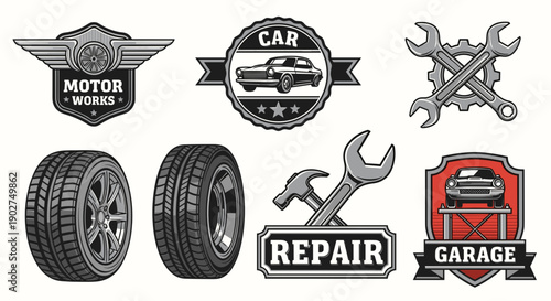 A set of vector graphics depicting car repair and maintenance symbols and icons