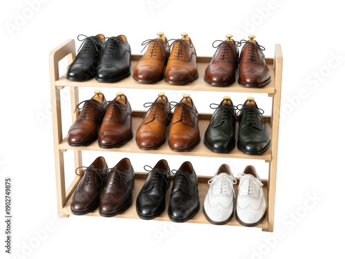 Wallpaper Mural Collection of men's dress shoes on wooden rack isolated on transparent background Torontodigital.ca