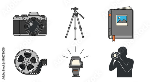 A set of vector graphic icons representing photography and filmmaking equipment on a